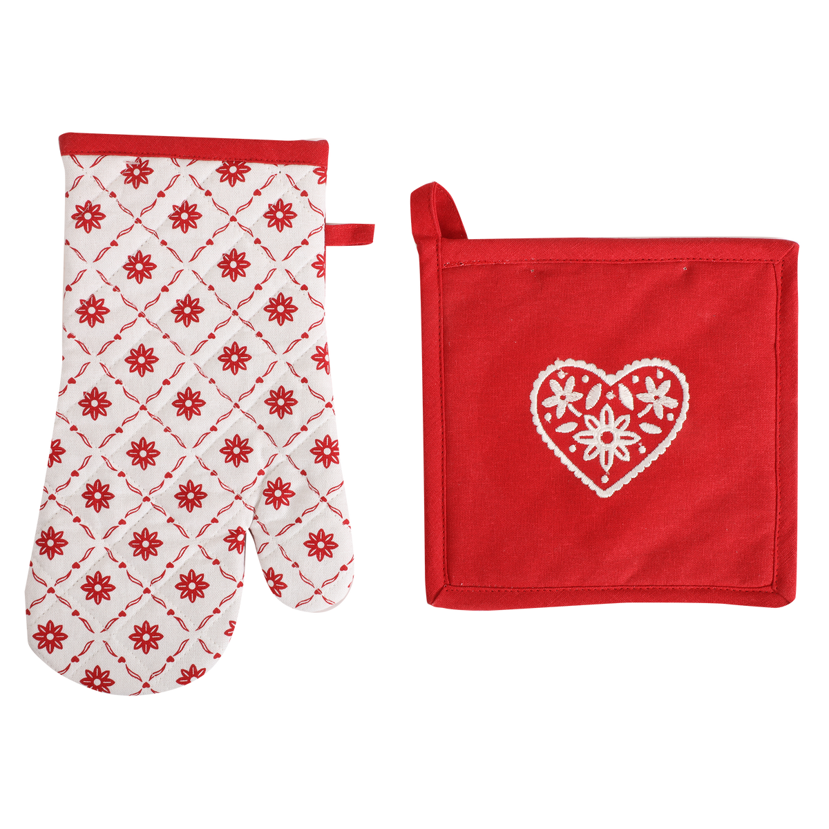 Gant et manique cœur Déclic Home 100 % coton – 18 × 32 et 20 × 20 cm - Marron