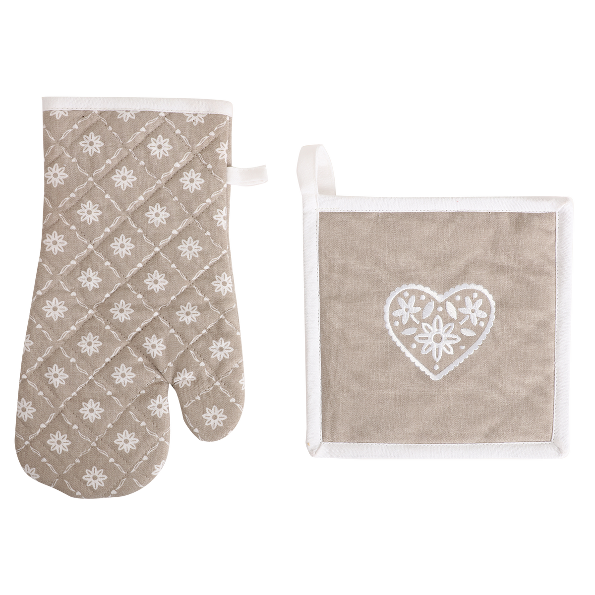 Gant et manique cœur Déclic Home 100 % coton – 18 × 32 et 20 × 20 cm - Gris