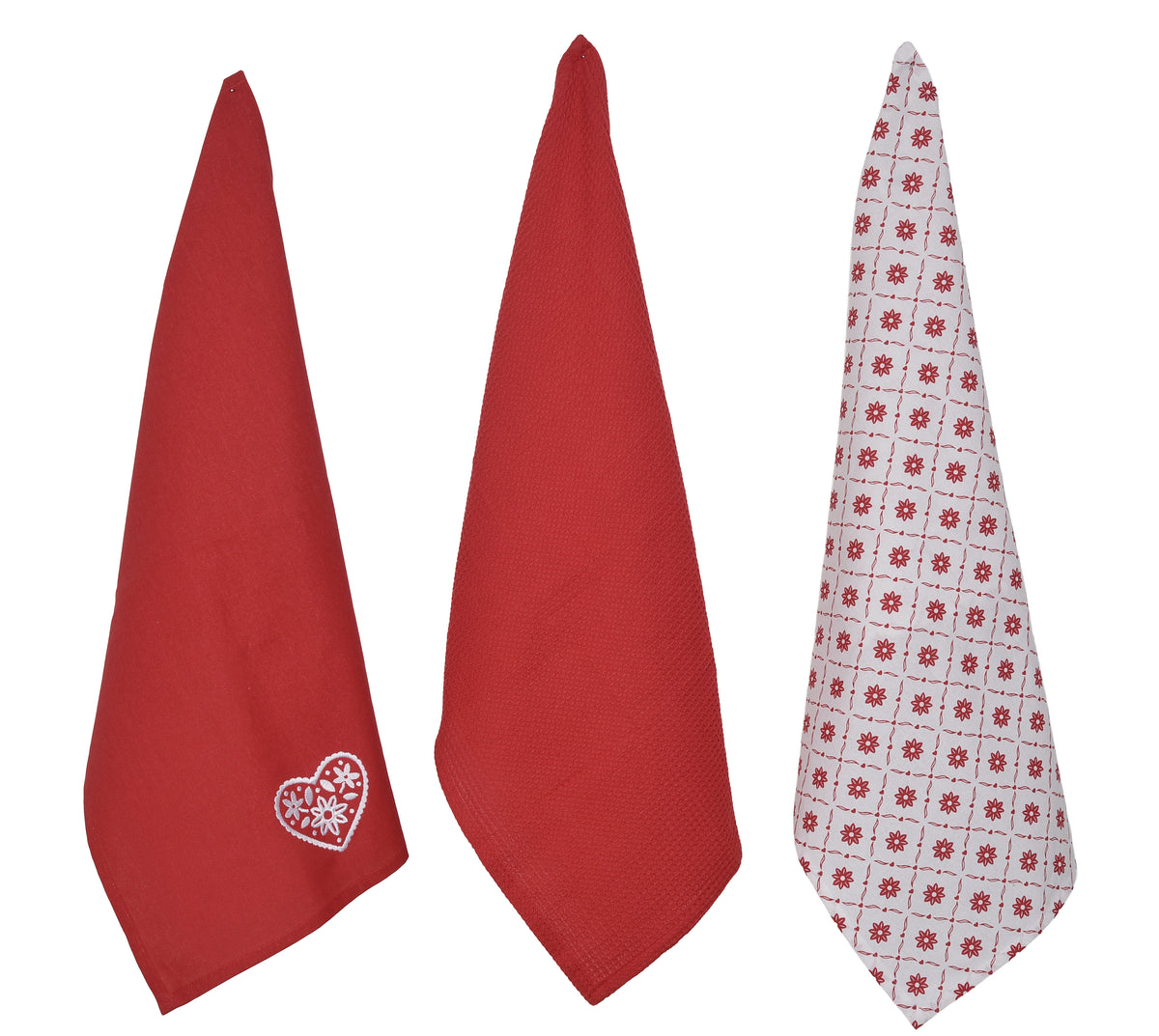 Lot de 3 torchons brodés cœur Déclic Home 100 % coton – 45 × 65 cm - Rouge