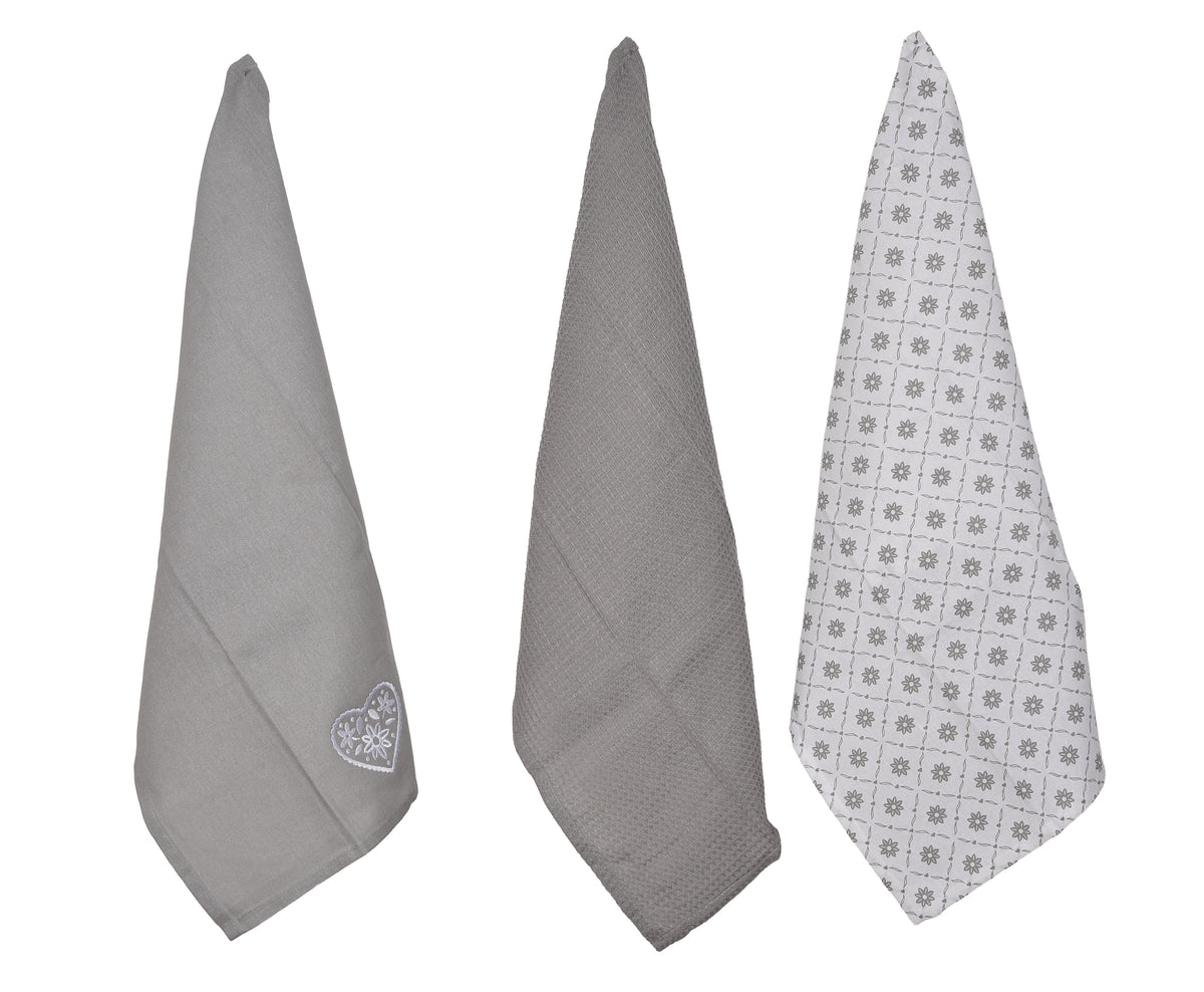 Lot de 3 torchons brodés cœur Déclic Home 100 % coton – 45 × 65 cm - Gris